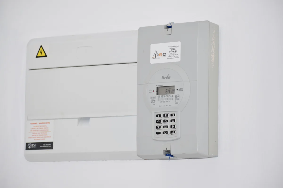 Electrical meter and fuse box photographed in Cape Town